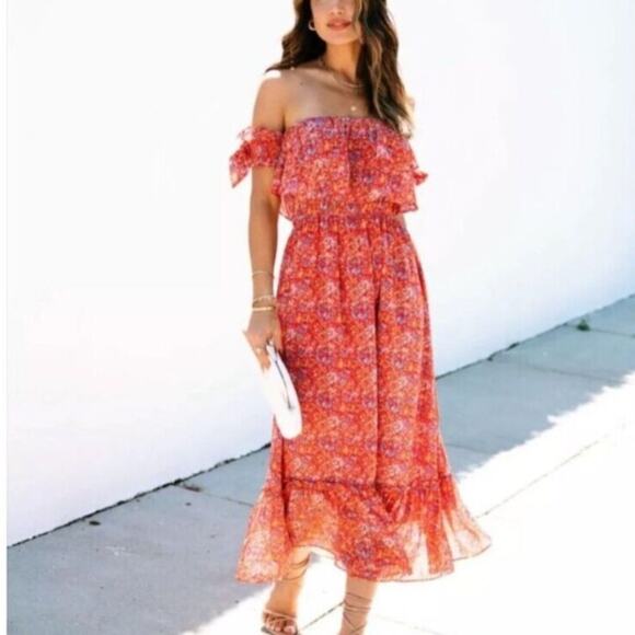 VICI Women's Santana Floral Tiered Off Shoulder Midi Dress Sz Medium Red Boho - Picture 13 of 13